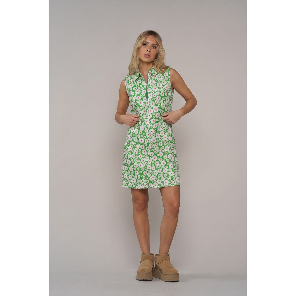 Ivy Road Green Daisy Zip Front Dress Sz M Retro Floral Casual